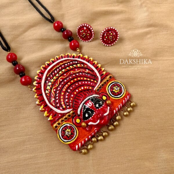 THEYYAM- Terracotta Big Pendant with Big size earrings ( Golden with multi colour) - Image 3