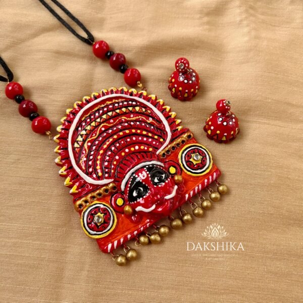 THEYYAM- Terracotta Big Pendant with Medium size jhumka ( Golden with multi colour) - Image 3