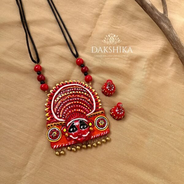 THEYYAM- Terracotta Big Pendant with Medium size jhumka ( Golden with multi colour) - Image 4