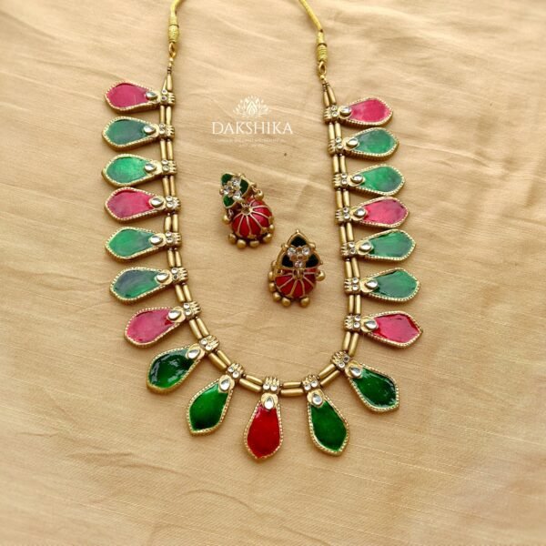 ANUPAMA - Terracotta Long Necklace with Medium size jhumka ( Golden with Red and Green)