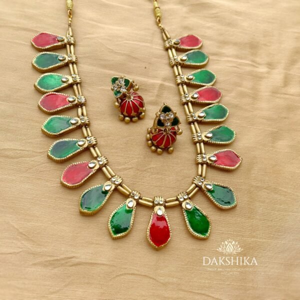 ANUPAMA - Terracotta Long Necklace with Medium size jhumka ( Golden with Red and Green) - Image 2