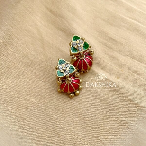 ANUPAMA - Terracotta Long Necklace with Medium size jhumka ( Golden with Red and Green) - Image 3