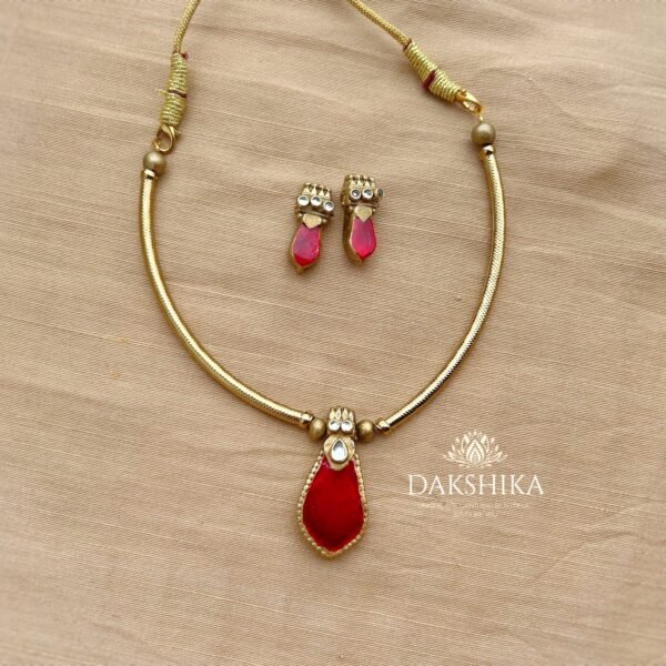 ANUPAMA - Terracotta Simple Necklace with Medium size earrings ( Golden with Red )