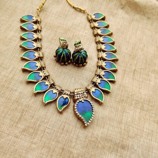 ANUPAMA - Terracotta Long Necklace with Big size jhumka ( Golden with Blue and Green)