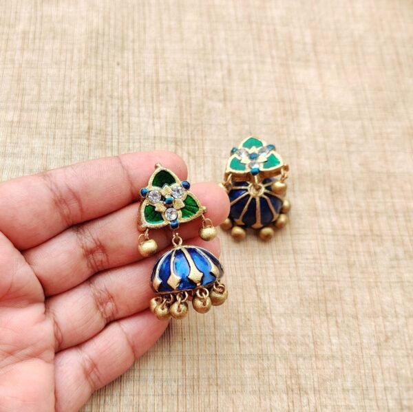 ANUPAMA - Terracotta short Necklace with medium size jhumka ( Golden with Blue and Green) - Image 3