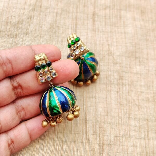 ANUPAMA - Terracotta Long Necklace with Big size jhumka ( Golden with Blue and Green) - Image 3