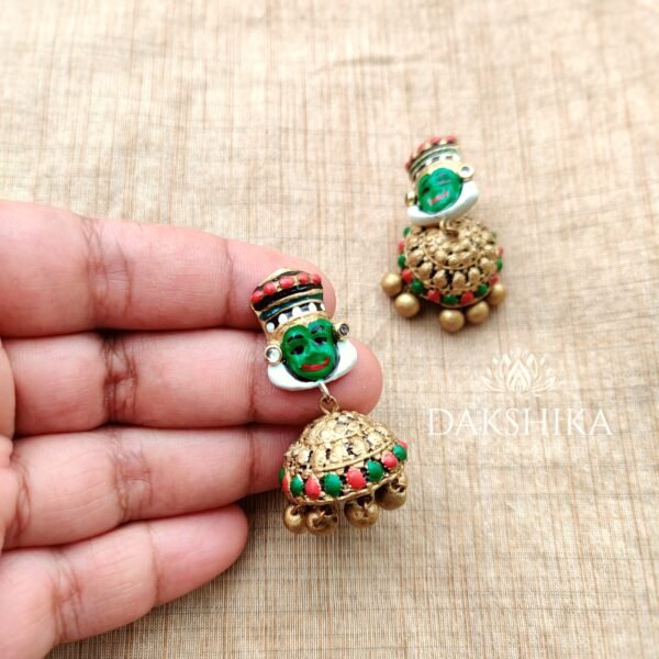 Kadhakali -Terracotta- Big Size Jhumka ( Golden with  Green and Red ) - Image 2