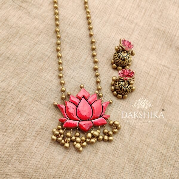 PADMA- Terracotta long necklace with medium size jhumka ( golden with Red) - Image 2