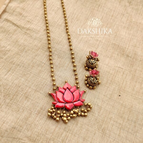 PADMA- Terracotta long necklace with medium size jhumka ( golden with Red)