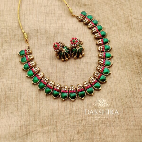 ANUPAMA - Terracotta short Necklace with medium size jhumka ( Golden with pink and Green)