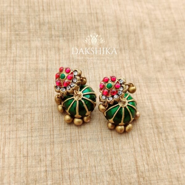 ANUPAMA - Terracotta short Necklace with medium size jhumka ( Golden with pink and Green) - Image 2
