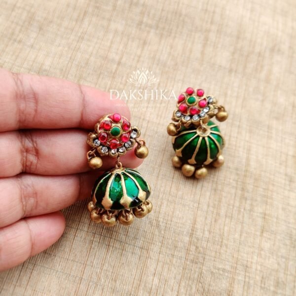 ANUPAMA - Terracotta short Necklace with medium size jhumka ( Golden with pink and Green) - Image 3