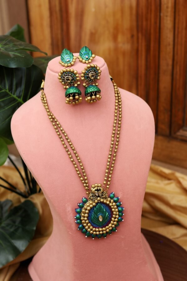 PEACOCK- Terracotta Long Necklace with Big size jhumka and Earrings  ( Golden with Peacock Blue and Green) - Image 2
