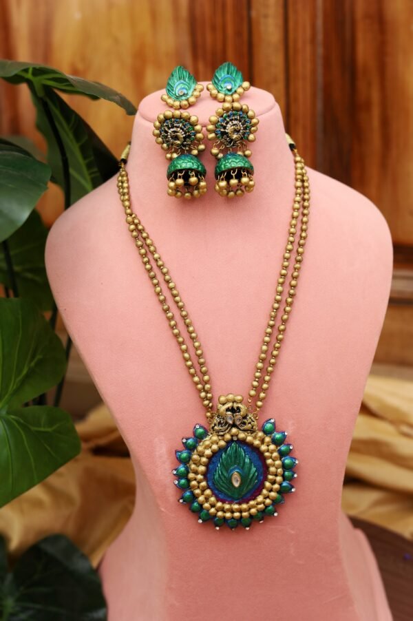 PEACOCK - Terracotta Long Necklace with Big size jhumka ( Golden with Peacock Blue and Green) - Image 2