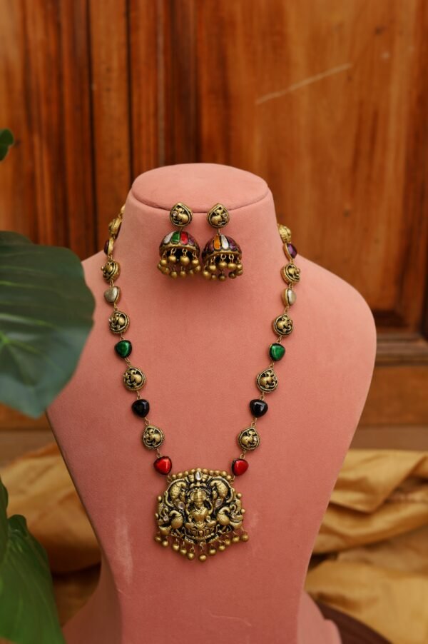 DEVIKA- Terracotta Long Necklace with Big size jhumka ( Golden with Multi color) - Image 3