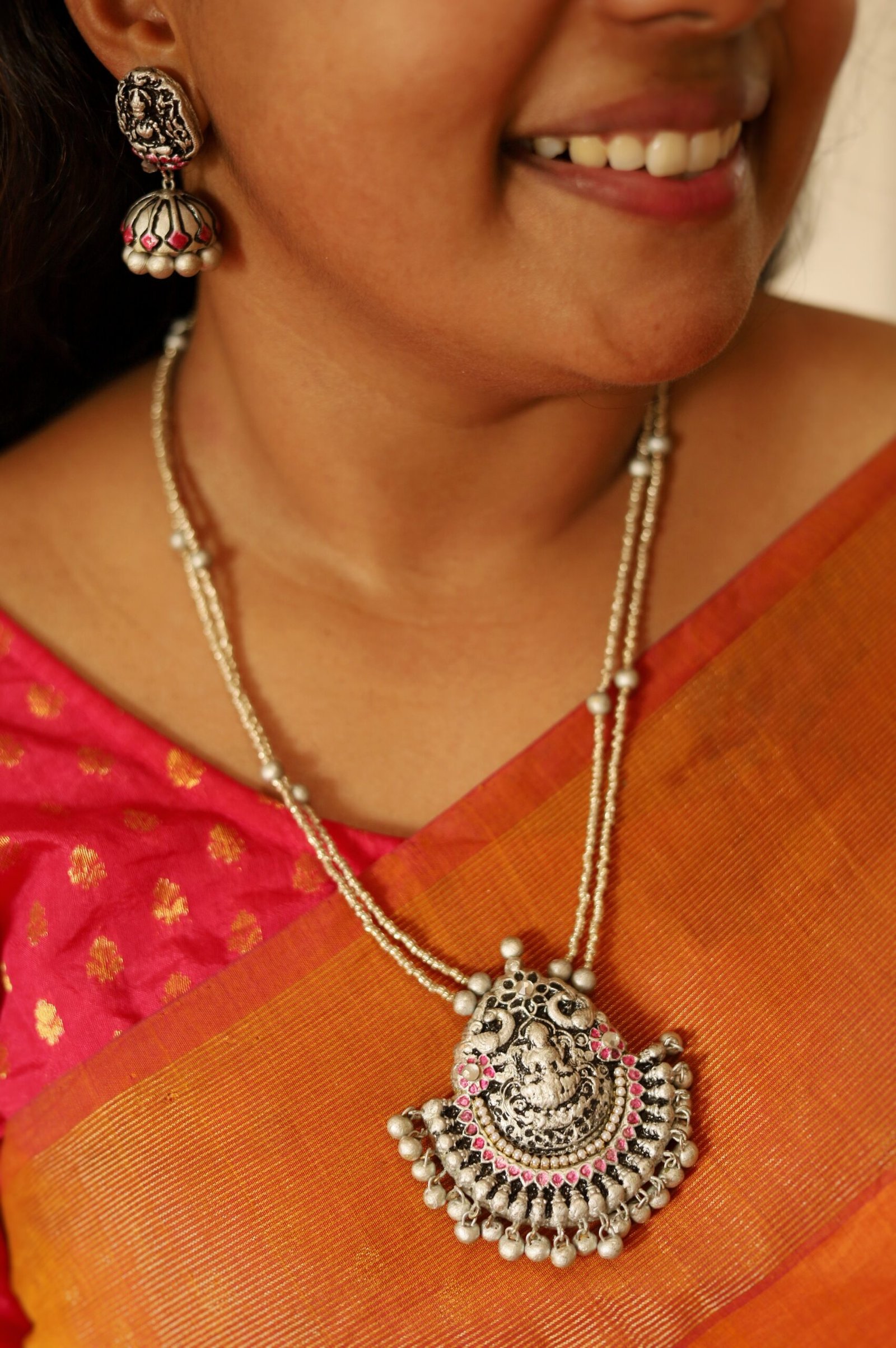 DEVI- Long Necklace with Medium Size Jhumka( GOLDEN WITH SILVER AND PINK)
