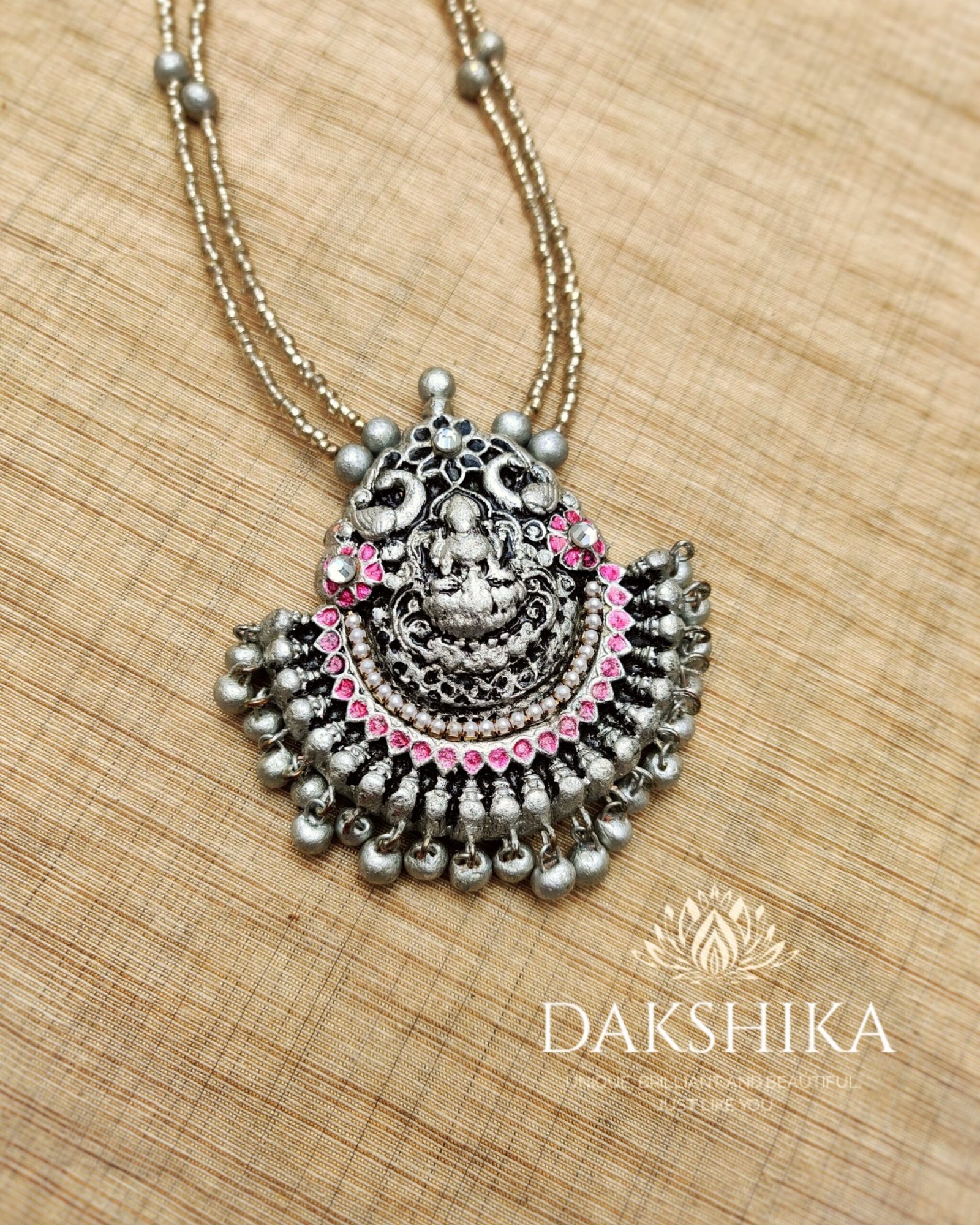 DEVI- Long Necklace with Medium Size Jhumka( GOLDEN WITH SILVER AND PINK)