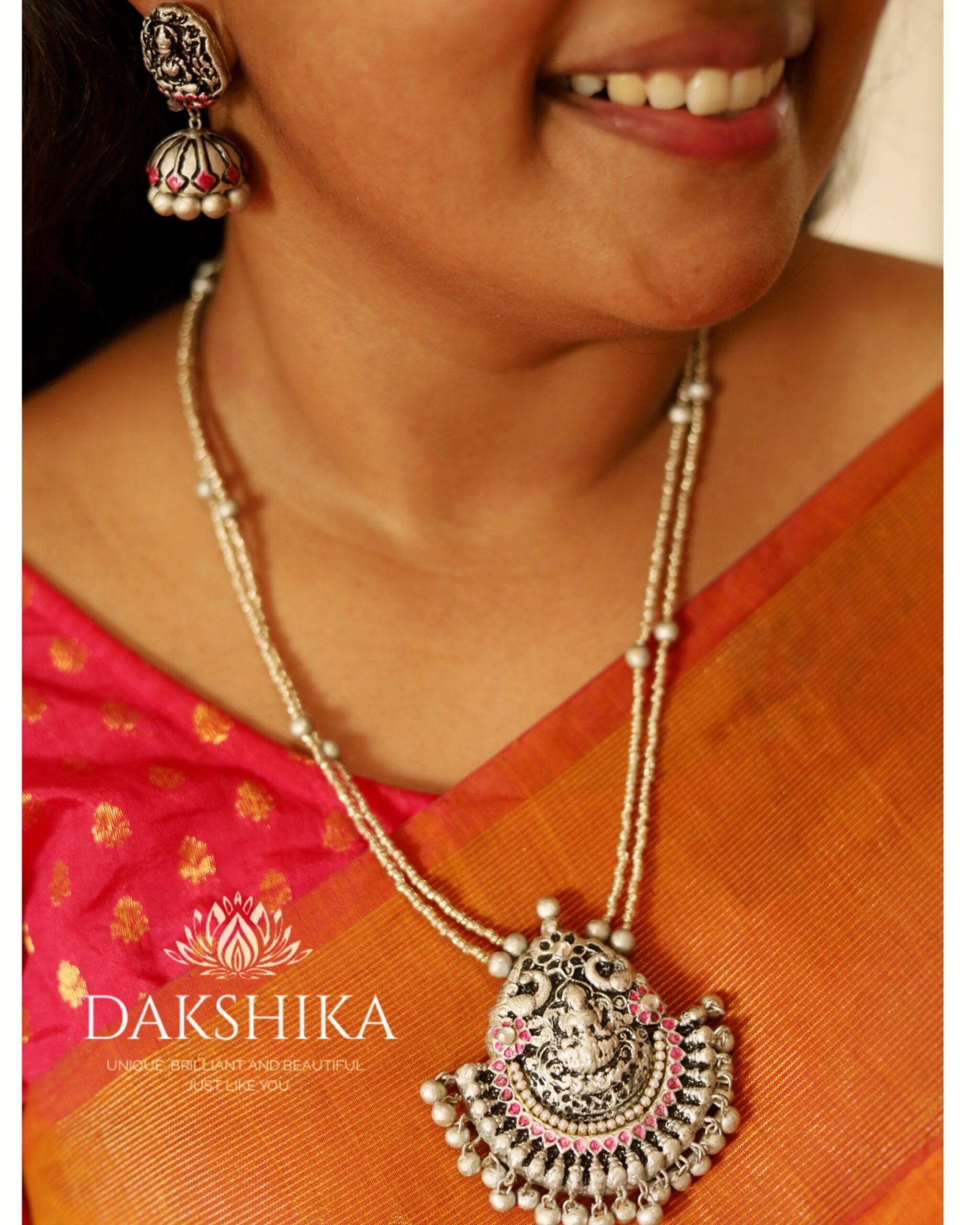 DEVI- Long Necklace with Medium Size Jhumka( GOLDEN WITH SILVER AND PINK) - Image 2