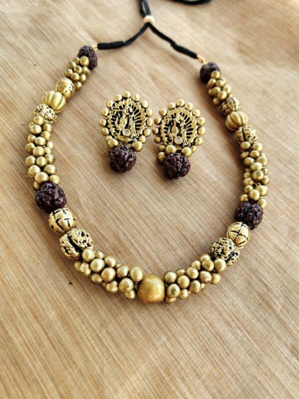 Gunguru- Terracotta Short Necklace with Big size Earrings ( Golden with Brown )