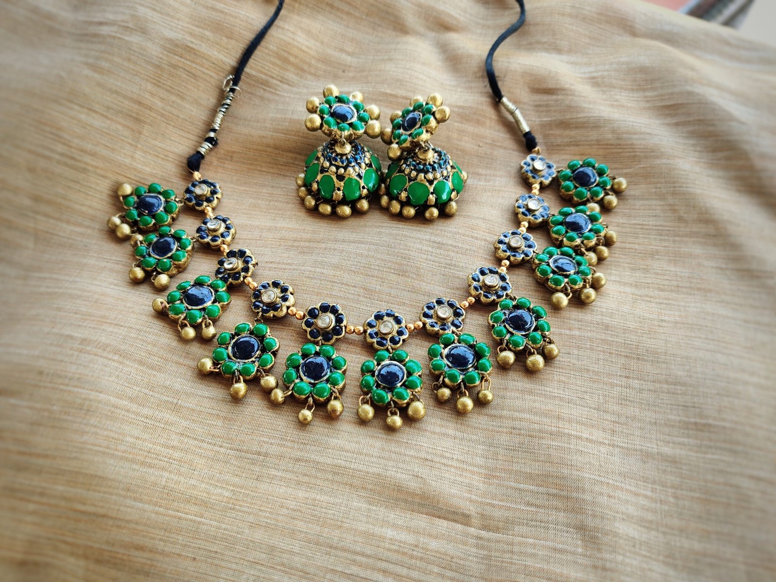 Pushpa- Terracotta Short Necklace with Big size jhumka ( Golden with Green and Blue )
