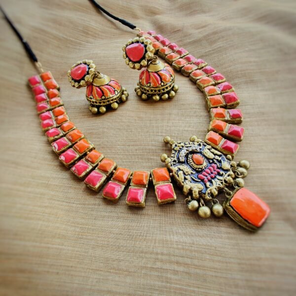 Aparna- Terracotta Short Necklace with Big size jhumka ( Golden with Orange and Pink)