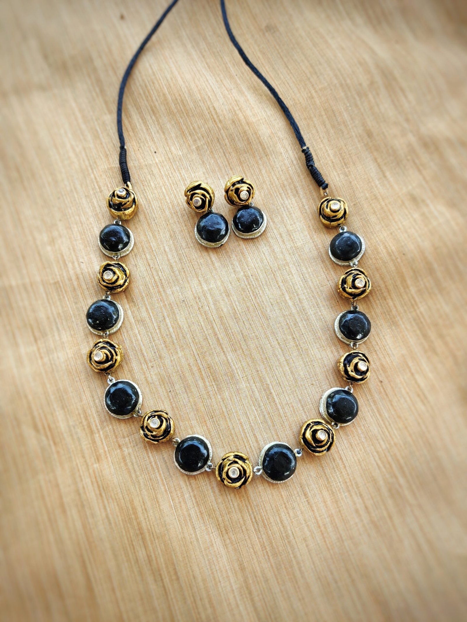 PUSHPA- Terracotta Short Necklace with medium size Earrings ( Golden with Black , Silver)