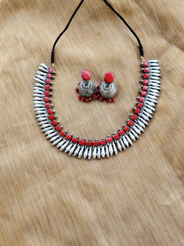 PICHIMUTTU- Terracotta Short Necklace with Medium size jhumka ( Silver with Red )