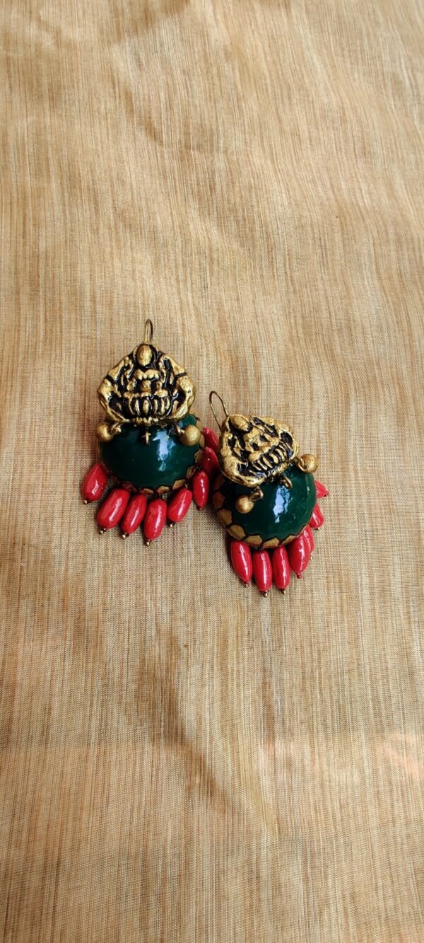 Devika-Terracotta- Big Size Jhumka ( Golden with Green and Red)