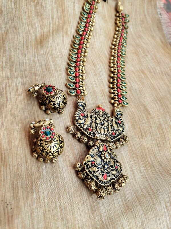 DEVIKA- Terracotta Long Necklace with Big size jhumka ( Golden with Green and Red )