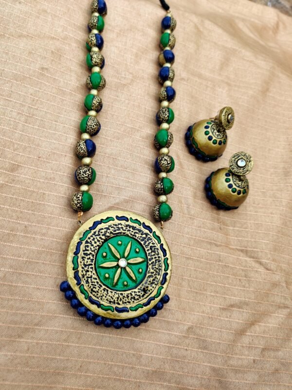 NANDITHA- Terracotta Long Necklace with Big size jhumka ( Golden with Green and Blue)