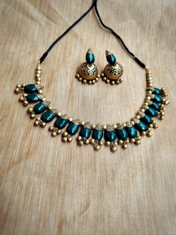 Gopika- Terracotta Short Necklace with Medium size jhumka ( Golden with Green )