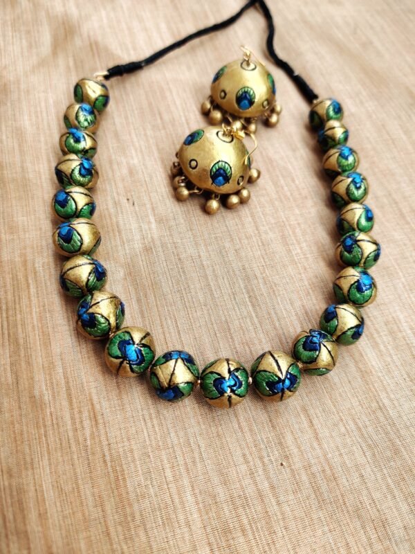 Mayoora- BeadsTerracotta Short Necklace with Big size jhumka ( Golden with Green and Blue )