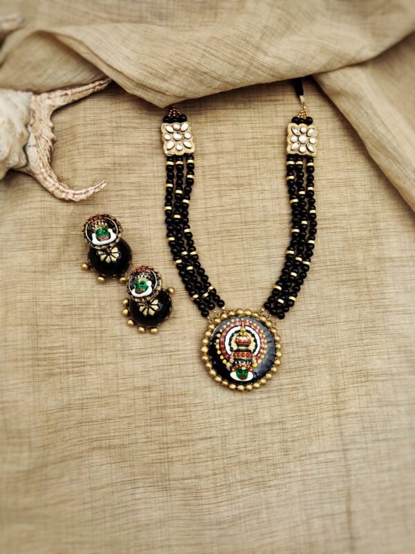 KADHAKALI- Terracotta Medium Necklace with Big size jhumka ( Golden with Green and Pink)