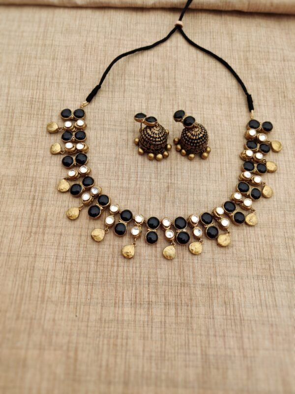 Mrudhula- Terracotta Short Necklace with Medium size jhumka ( Golden with  Black )