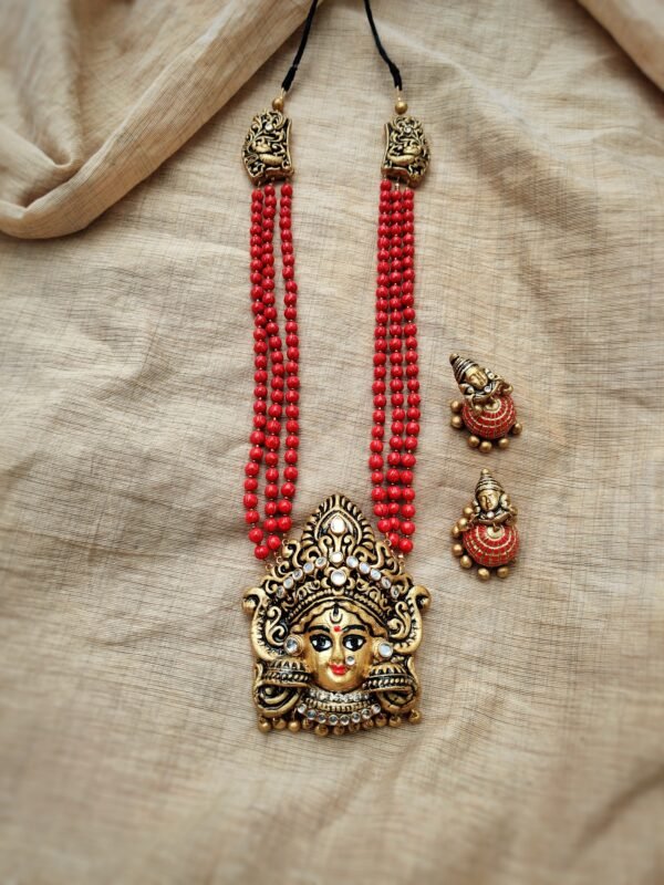 AMMAN- Terracotta Long Necklace with big size jhumka ( Golden with Red)