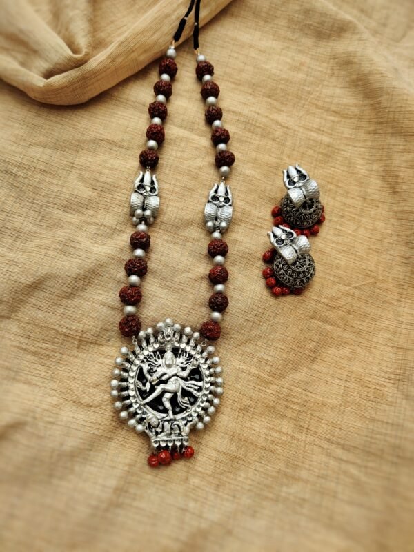 NADRAJA- Terracotta Long Necklace with Big size jhumka (  Silver with Brown)