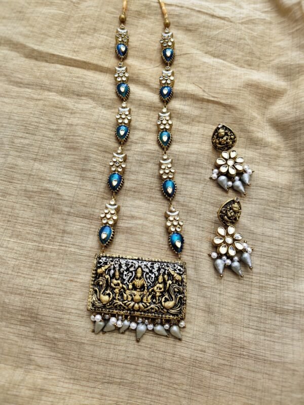 DEVIKA- Terracotta Long Necklace with Big size Earrings ( Golden with Blue and silver)