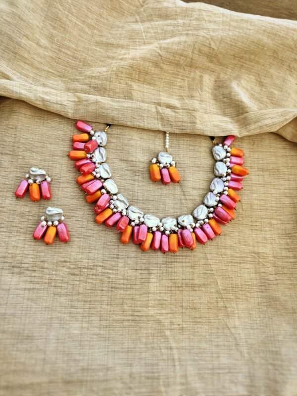 GALAXY- Terracotta Short Necklace with medium size Earrings and Tikka ( Golden with Orange and  Pink)
