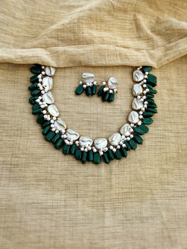 GALAXY- Terracotta Short Necklace with Medium size Earrings( Golden with Pearl White and  Green)