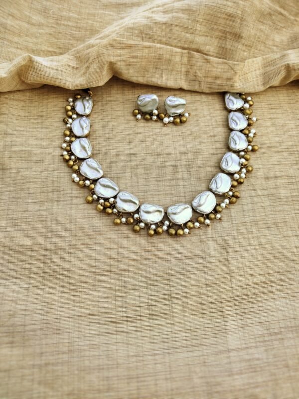 GALAXY- Terracotta Short Necklace with Medium size Earrings ( Golden with Pearl White)