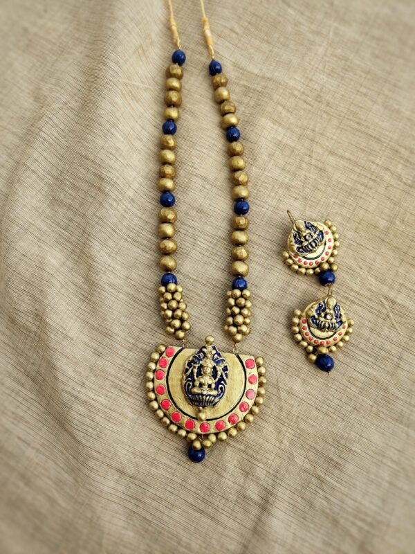DEVIKA- Terracotta Long Necklace with Big size Earrings ( Golden with Blue and Red)