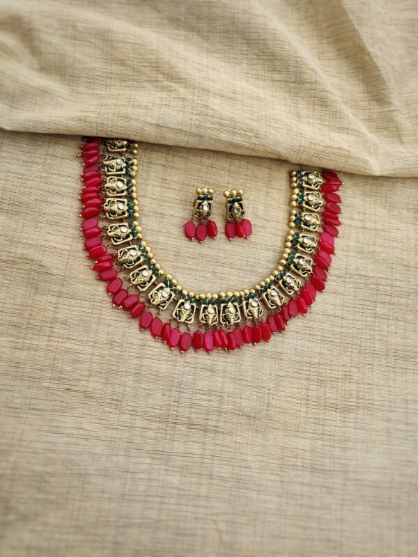 GANESH- Terracotta Short Necklace with Small size Earrings ( Golden with green and magenta)