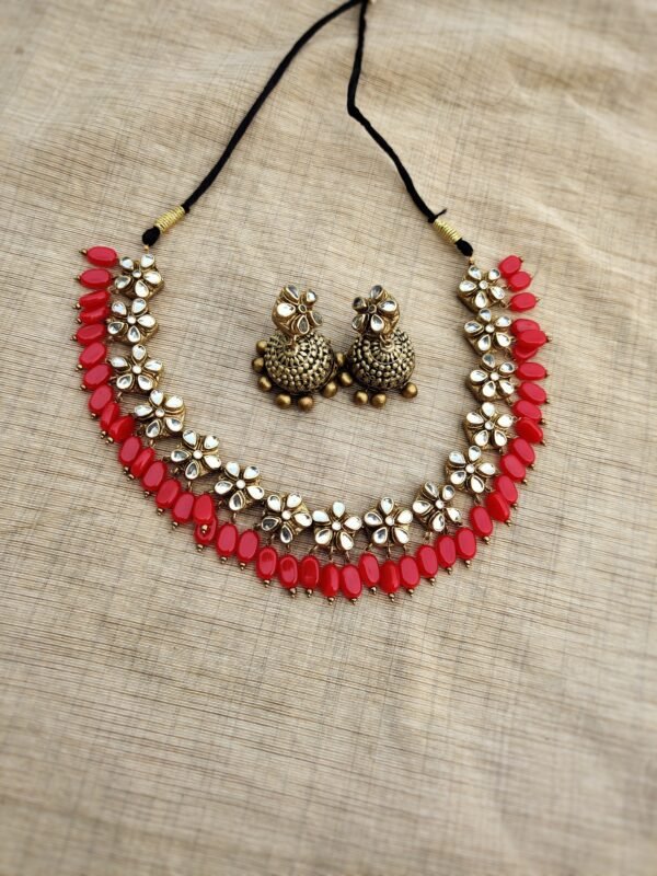 BHAGYA- Terracotta Short Necklace with Medium size jhumka ( Golden with Red )