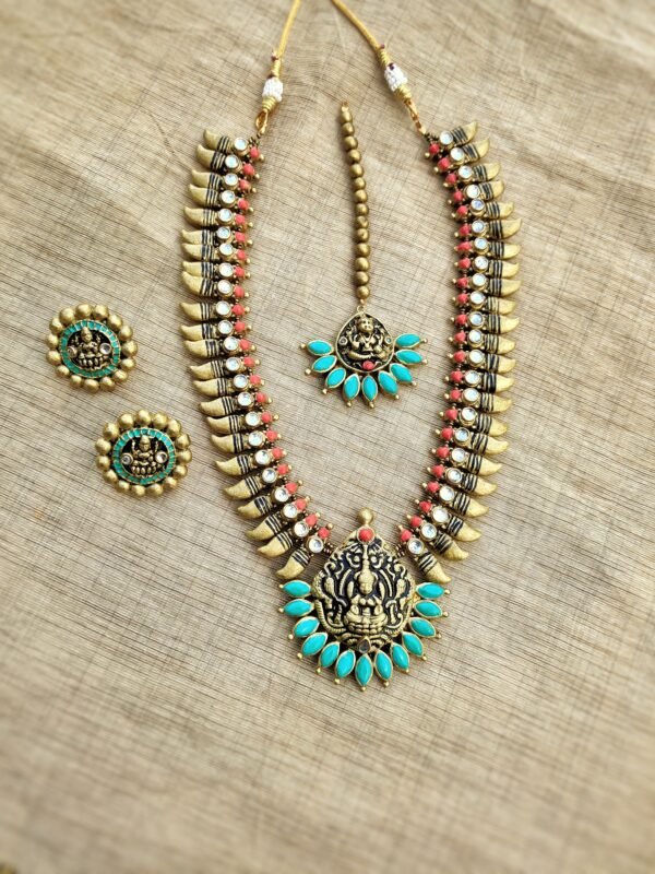 DEVIKA- Terracotta Long Necklace with Big size Earrings ( Golden with Teal Blue and Red)