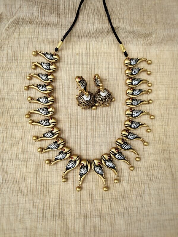 SANGU- Terracotta Long Necklace with Medium size jhumka ( Golden with Silver and   Black )