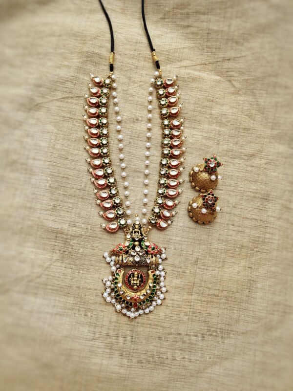 PAVITHRA- Terracotta Long Necklace with Medium size jhumka ( Golden with Red )