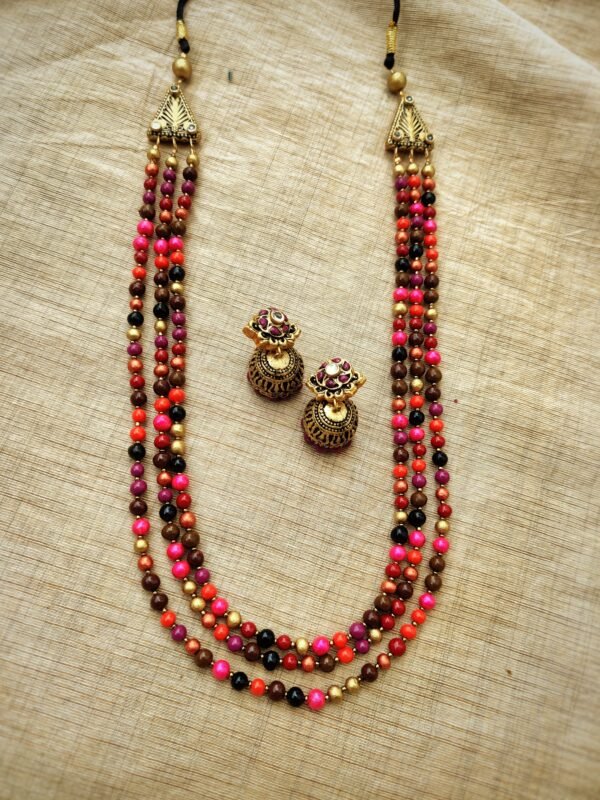 MANJULA- Terracotta Long Necklace with Medium size jhumka ( Golden with Multi Color)