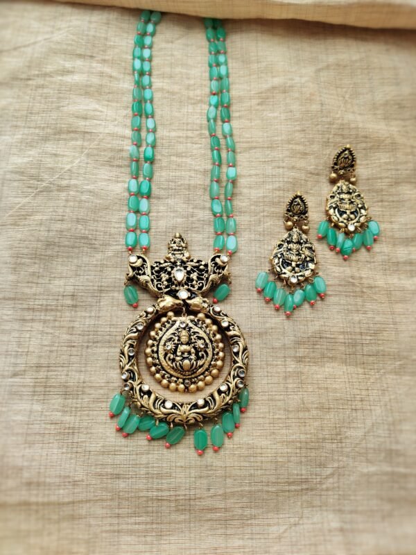 YAMINI- Terracotta Long Necklace with Big size Earrings ( Golden with Teal Green)