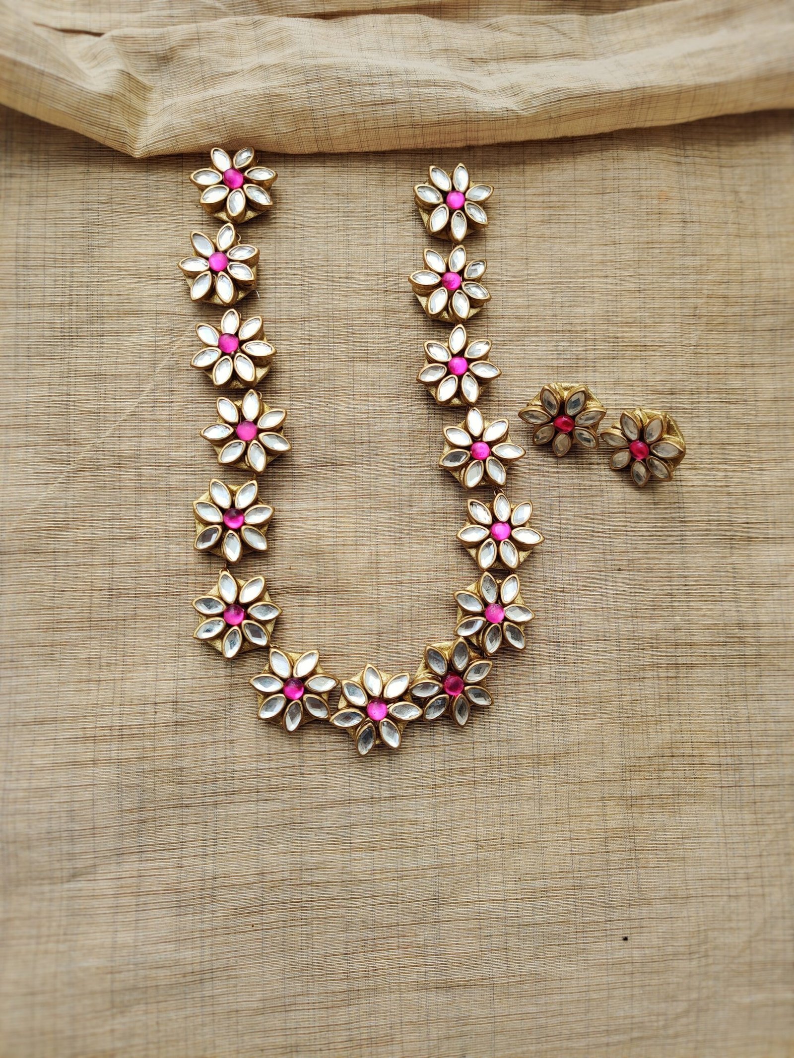 PUSHPA- Terracotta Long Necklace with Medium size Stud ( Golden with Pink )