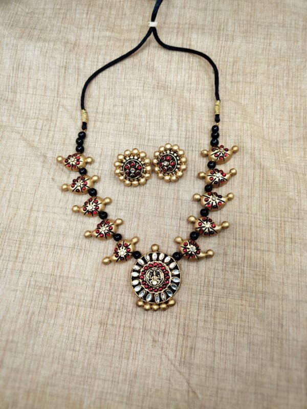 SANGU- Terracotta Medium Necklace with Big size Earrings ( Golden with Red and Black )